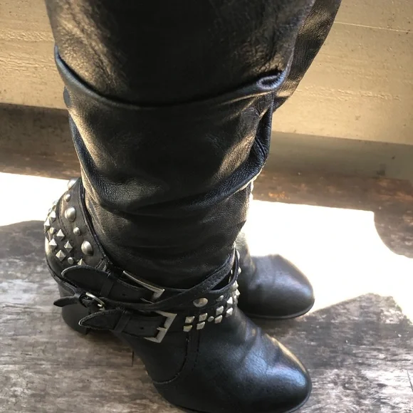 Kelly & Katie Becca Black Leather Studs Knee High Boots Size 8.5M - Picture 6 of 15